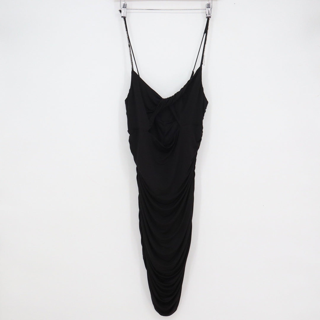 Lucy in the Sky Black Ruched Bodycon Midi Dress Rhinestone Straps Size L