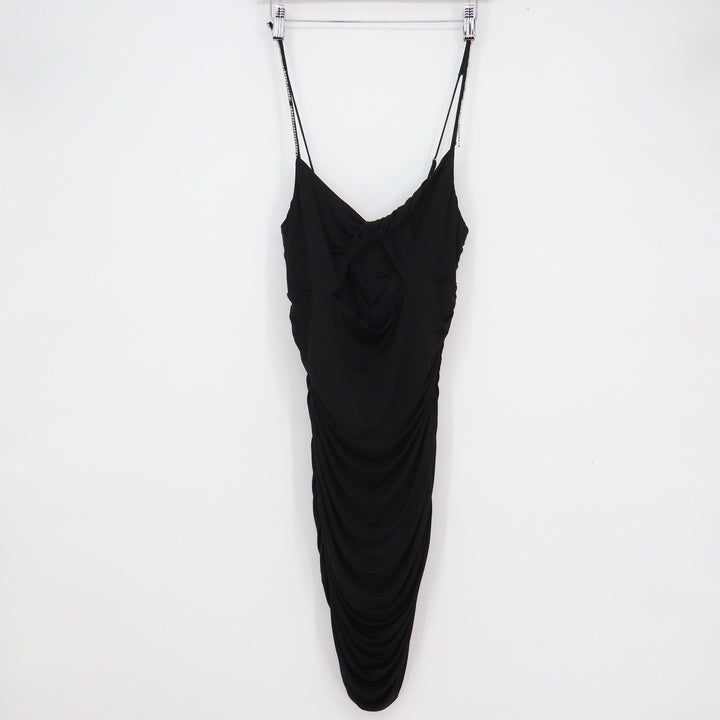 Lucy in the Sky Black Ruched Bodycon Midi Dress Rhinestone Straps Size L