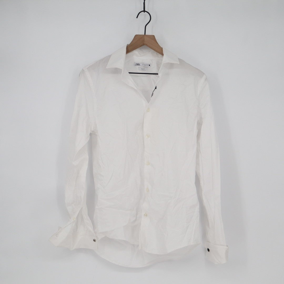 Zara Shirt Mens Small White Cotton Slim Fit Spread Collar Long Sleeve Button Up