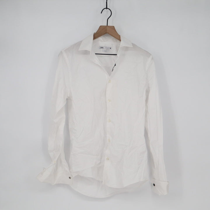 Zara Shirt Mens Small White Cotton Slim Fit Spread Collar Long Sleeve Button Up