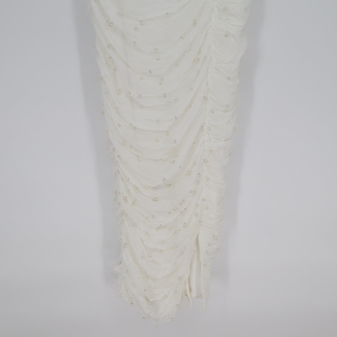 Lulus Toast to Romance Bodycon Midi Dress Women Large White Stretch Ruched Pearl