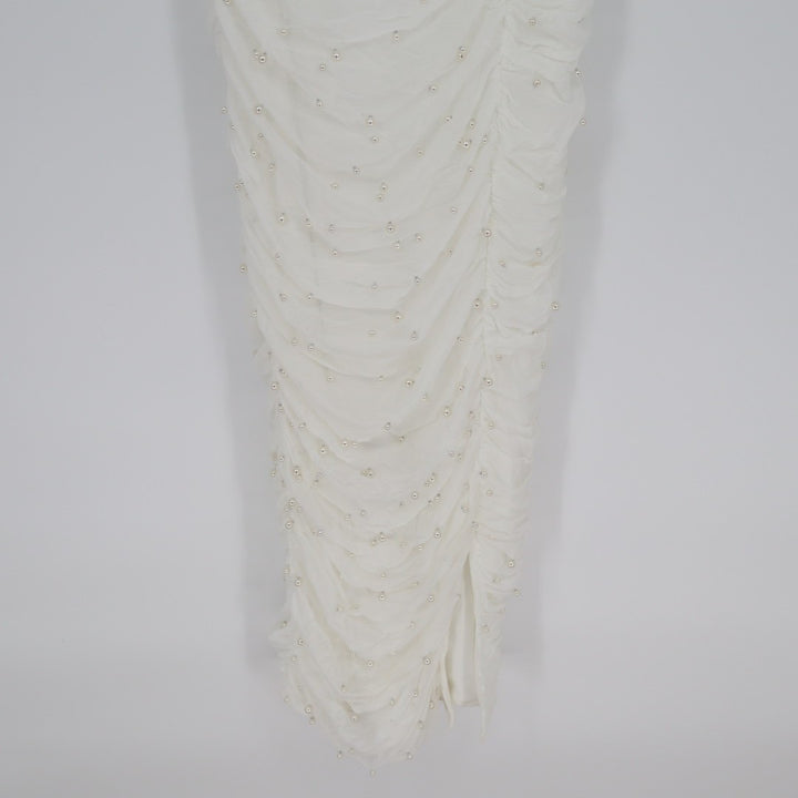 Lulus Toast to Romance Bodycon Midi Dress Women Large White Stretch Ruched Pearl