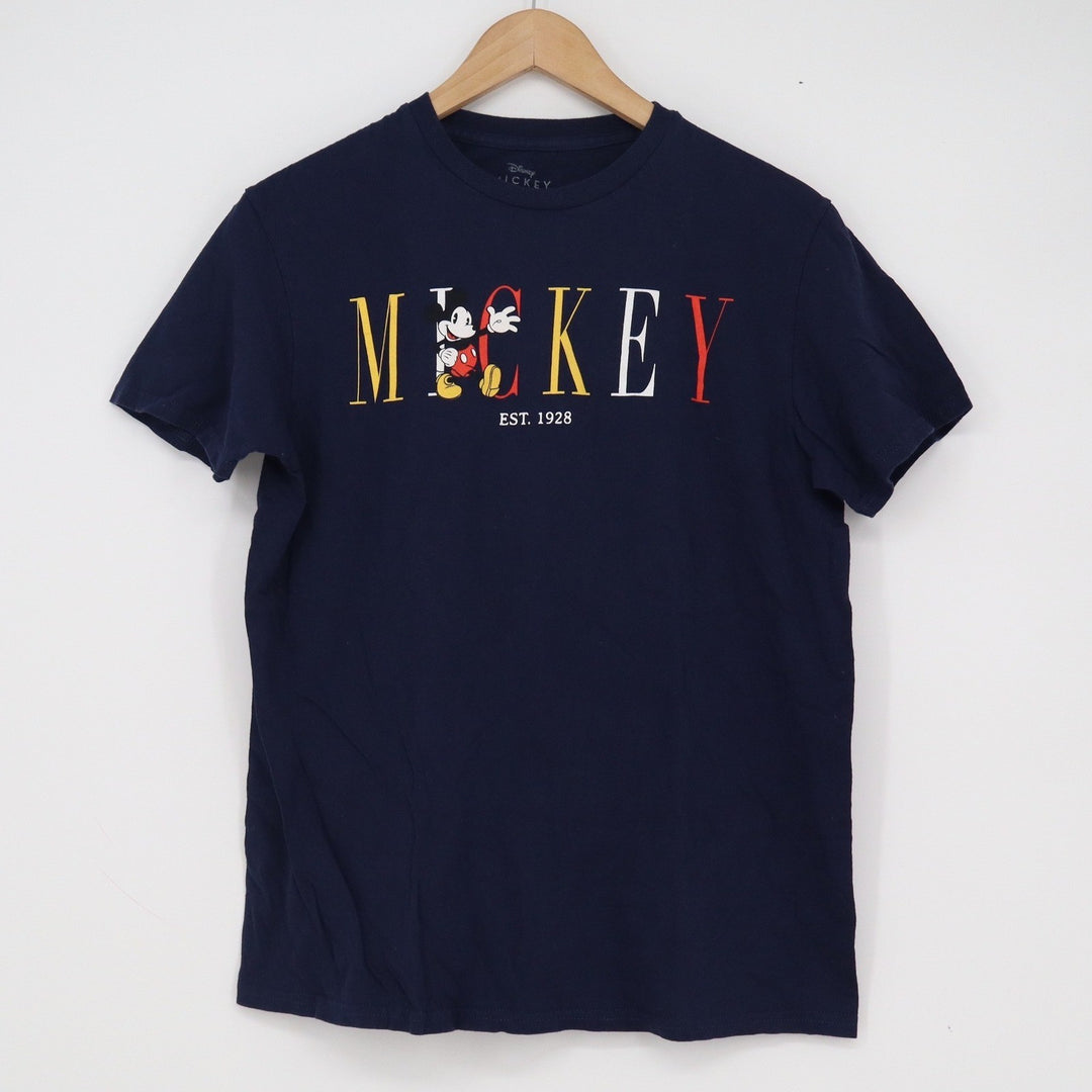Disney Mickey Mouse Graphic T-Shirt Navy Blue Spellout Crew Neck Mens Medium