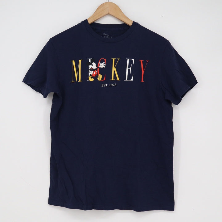 Disney Mickey Mouse Graphic T-Shirt Navy Blue Spellout Crew Neck Mens Medium