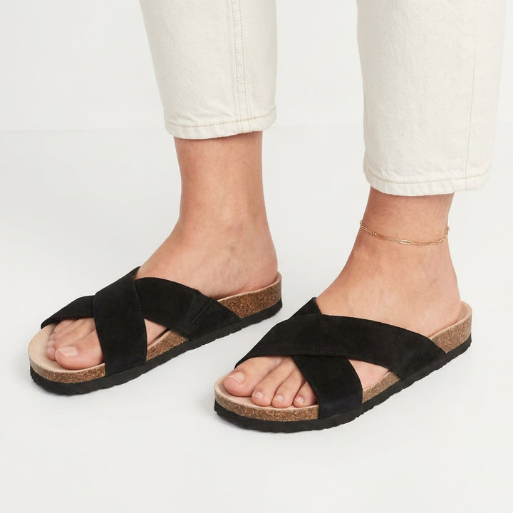 Old Navy Womens Blackjack Black Crisscross Faux Suede Cork Slide Sandals Size 8
