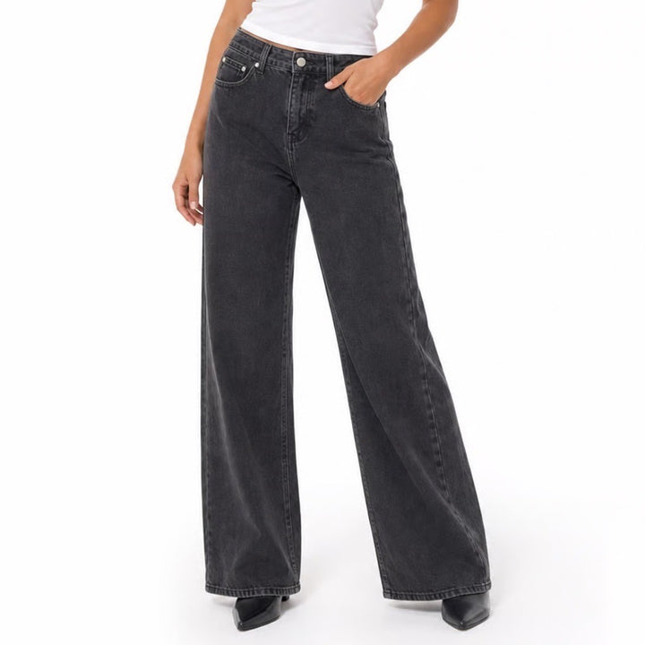 JFORJUSTIFY Womens Washed Black Wide Leg Camo Star Patch Jeans Size M High Rise