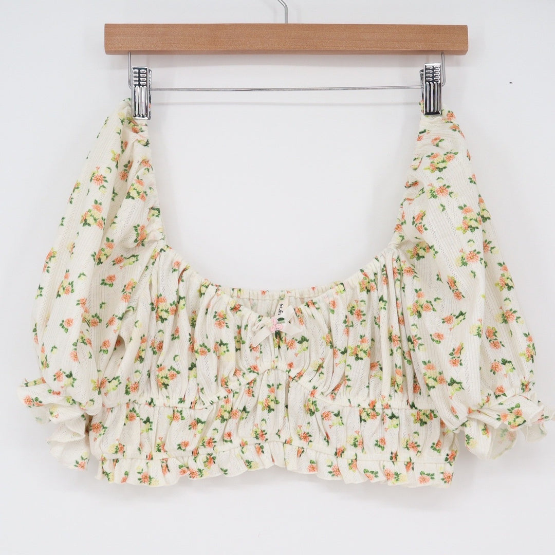 For Love & Lemons Floral Pointelle Puff Sleeve Crop Top Cream L