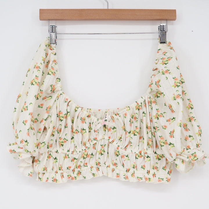 For Love & Lemons Floral Pointelle Puff Sleeve Crop Top Cream L