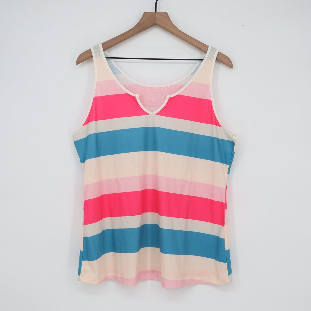 Pink Blue Cream Striped Notched Neck Tank Top Sleeveless Summer Shirt XL
