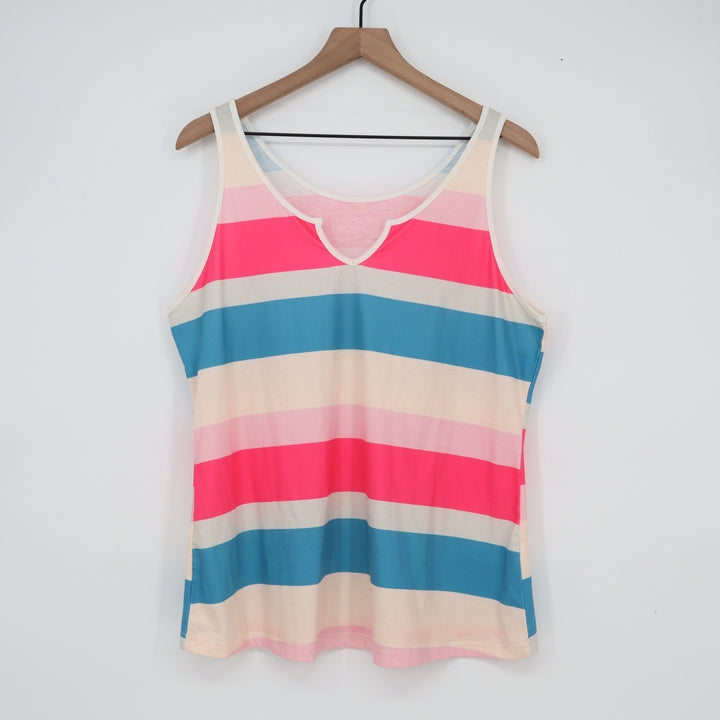 Pink Blue Cream Striped Notched Neck Tank Top Sleeveless Summer Shirt XL