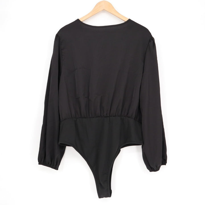 Bodysuit One Piece Womens 2XL Black Stretch Pleated Wrap V-Neck Long Sleeve