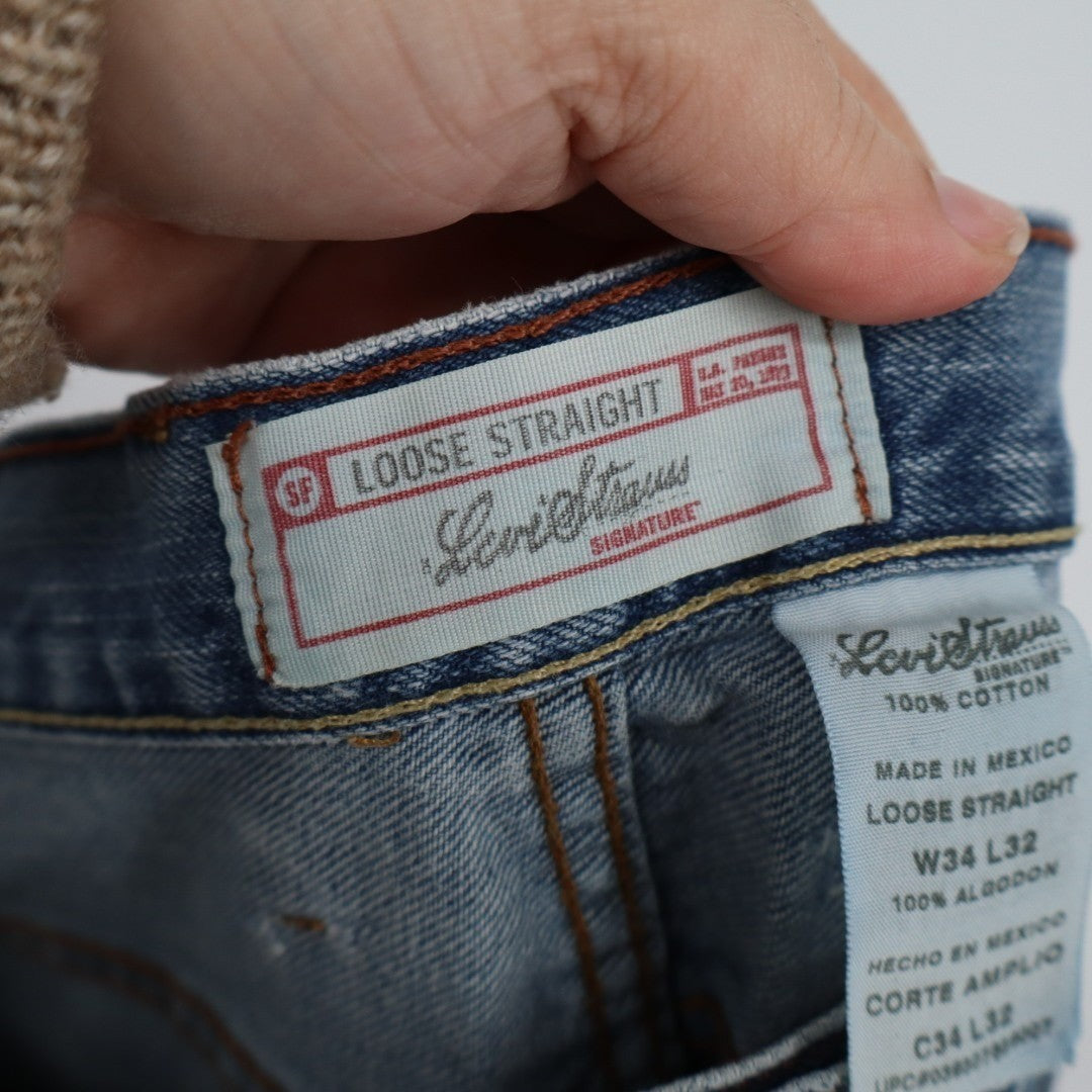 Signature by Levi Strauss Jeans Women 34x32 Blue Denim Distressed Loose Straight