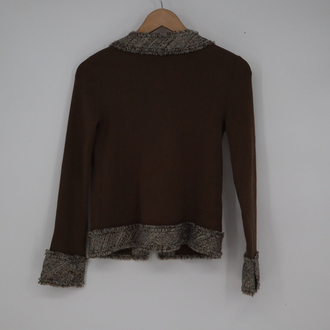 Just Miss Brown Ribbed Open Front Cardigan Tweed Trim Fringed Size 36 Small