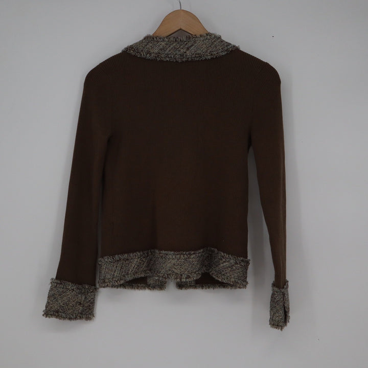 Just Miss Brown Ribbed Open Front Cardigan Tweed Trim Fringed Size 36 Small