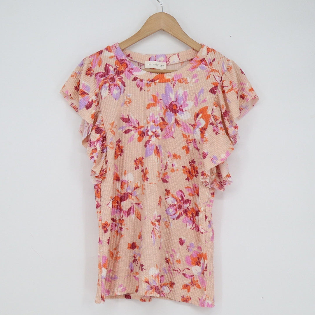 Lovely Melody Past Life Urban Rib Top Pink Floral Flutter Sleeve Small