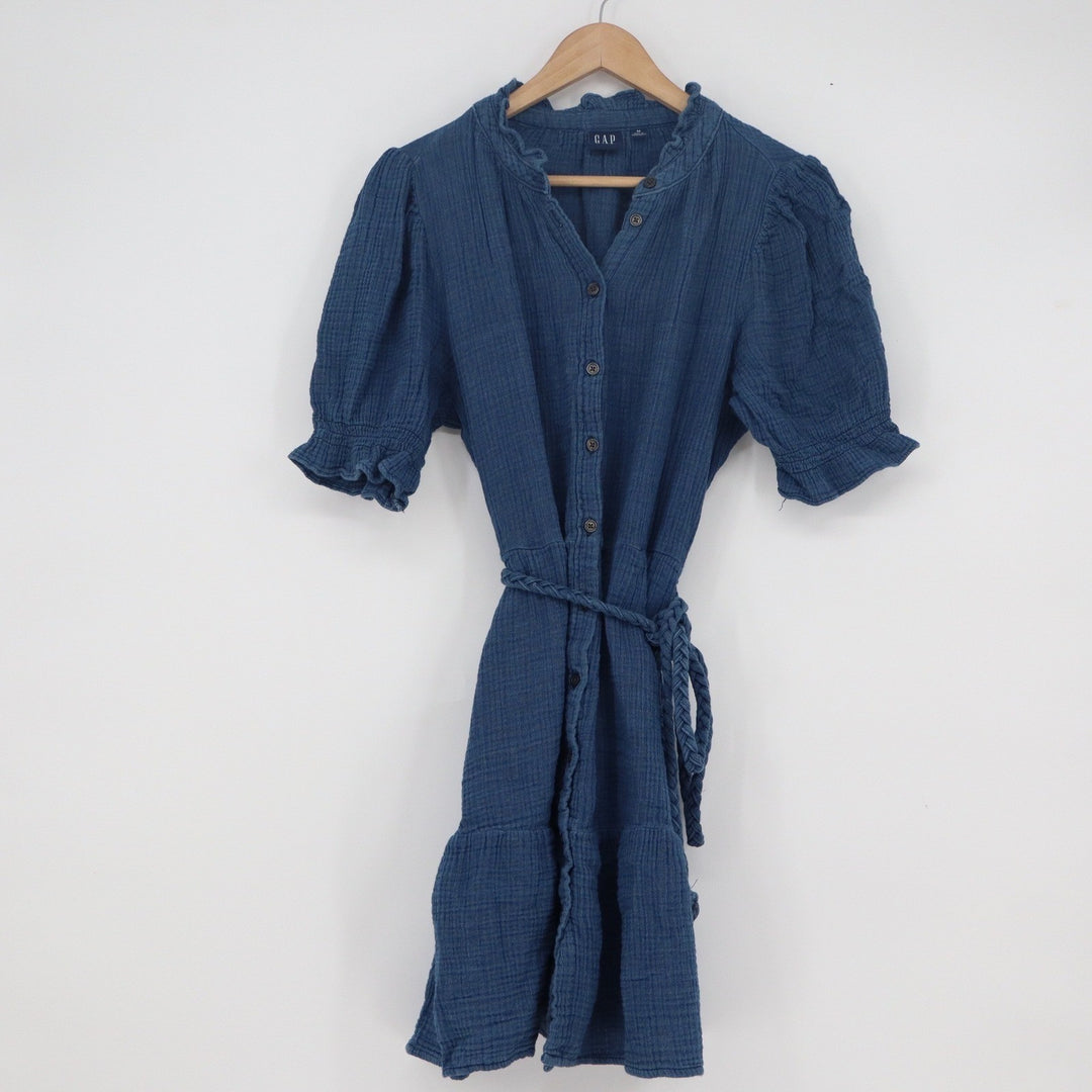 Gap Womens Blue Cotton Gauze Ruffle Mini Dress Braided Belt Short Puff Sleeve M