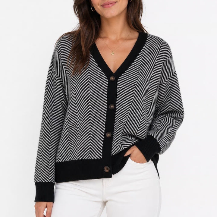 Dokotoo Womens Black White Chevron Zig Zag Cotton Button Front Cardigan Size L