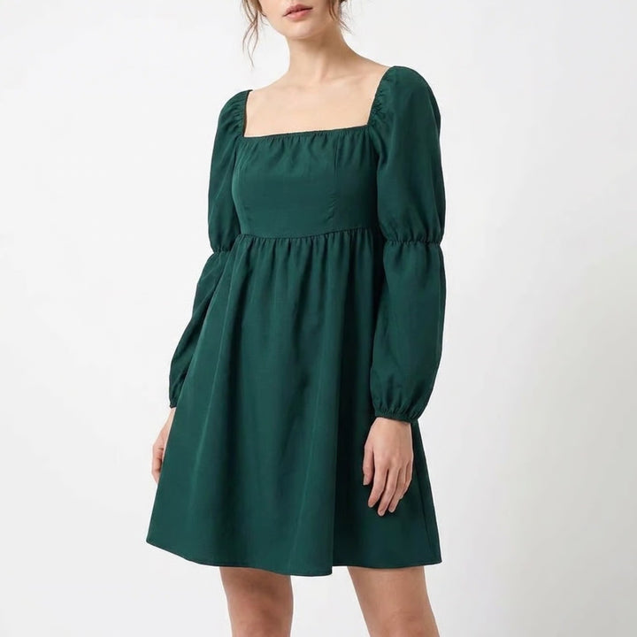 Exlura Dark Green Square Neck Puff Sleeve Smocked Back Mini Dress DR137 Large