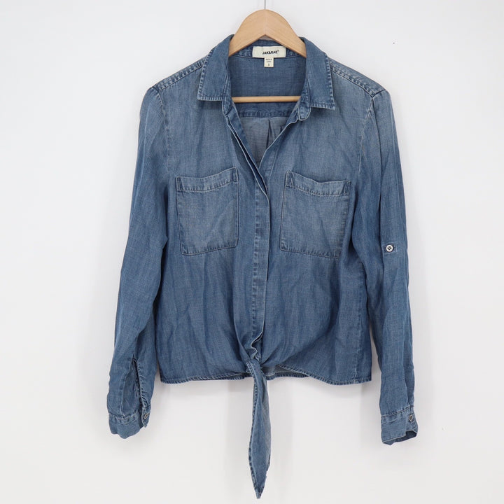 Jak & Rae Button-down Women S Tie Front Blue Chambray Tencel Long Sleeve Exc