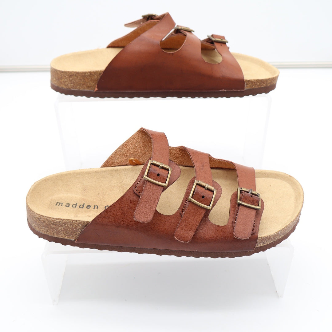 Madden Girl G-Percy Cognac Brown Triple Buckle Slide Sandals 6