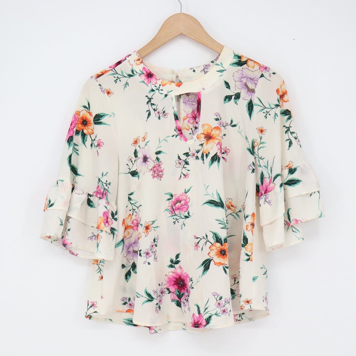 Urban Romantics Blouse Women S Floral Tiered Ruffle Sleeve Cream Keyhole Fair