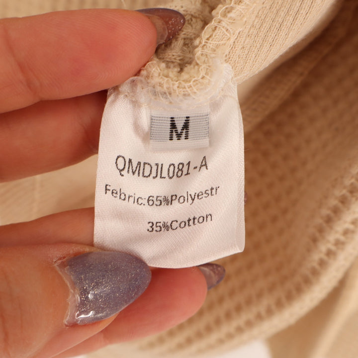 Womens Shacket Jacket Medium Beige Waffle Knit Cotton Long Sleeve Button Front