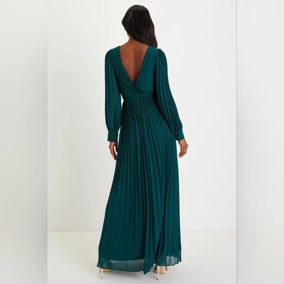 Lulus Sophisticated Grace Emerald Green Pleated Long Sleeve Maxi Dress Size S