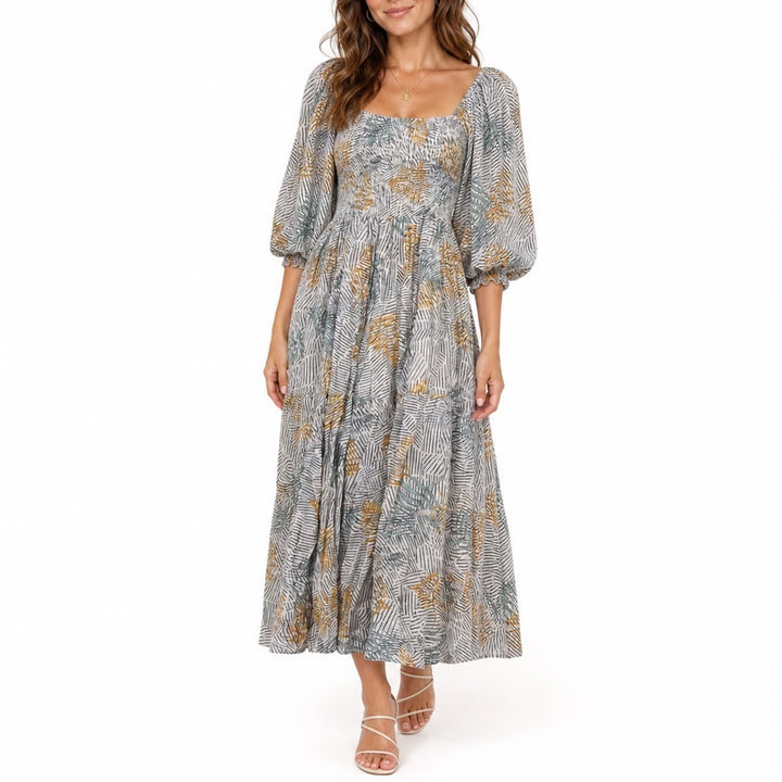 Fate Womens Smocked Puff Sleeve Maxi Dress Abstract Botanical Print M