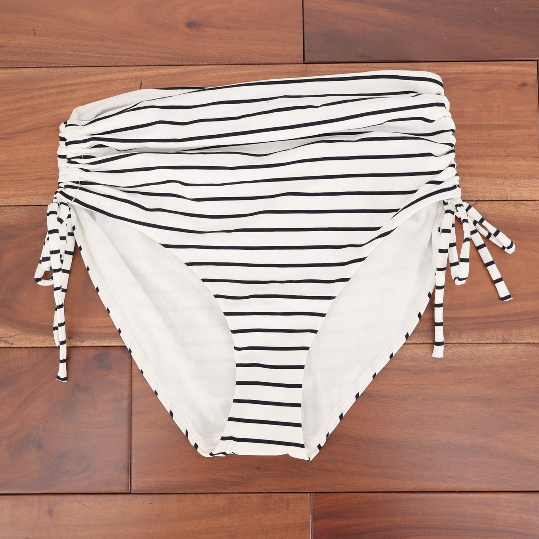 CALIA Womens Ruched Side Tie High Rise Bikini Bottom Striped White Small