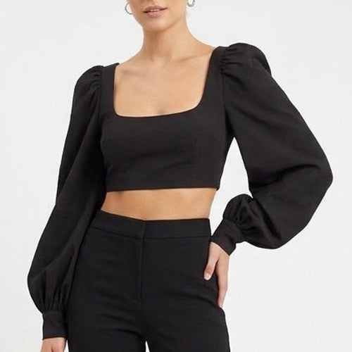 Naked Wardrobe Black Puff Sleeve Square Neck Crop Top Small