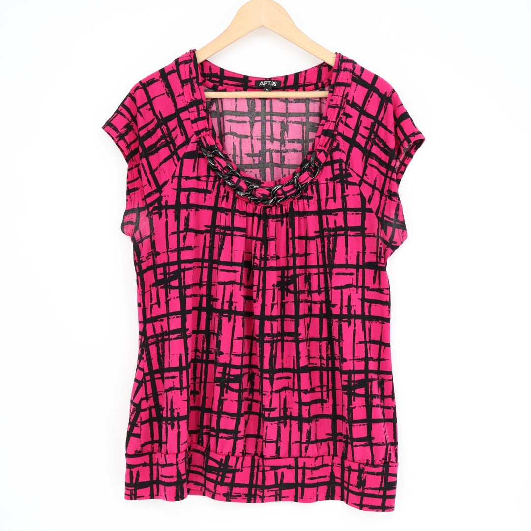 Apt. 9 Blouse Top Womens XL Pink Black Abstract Print Stretch Neck Chain Detail