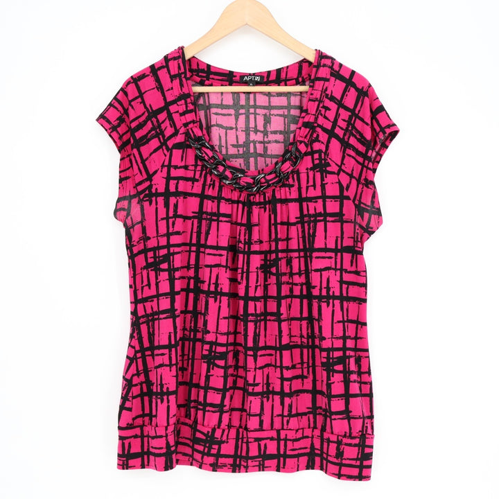 Apt. 9 Blouse Top Womens XL Pink Black Abstract Print Stretch Neck Chain Detail