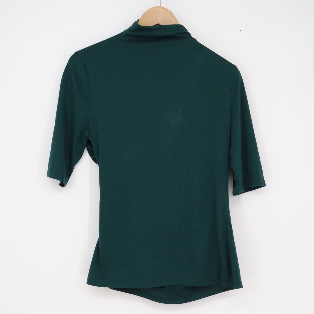 Dark Green Asymmetrical Draped Mock Neck Top Elbow Sleeve Ruched Size L