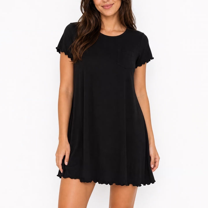 SO Black Ribbed Lettuce Edge Short Sleeve Pocket T-Shirt Dress XL
