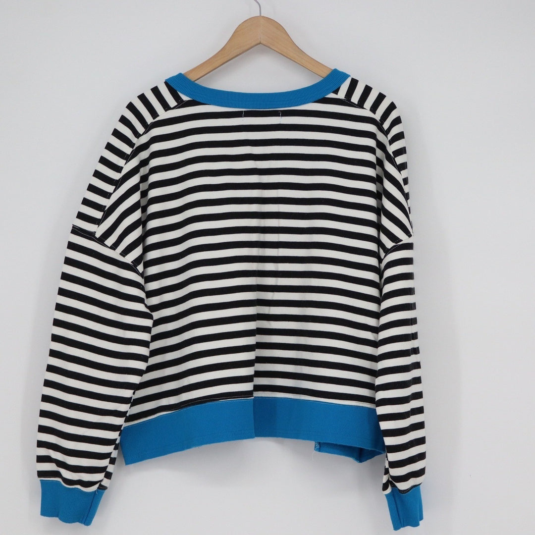 Merokeety Striped Sweatshirt XL Blue Trim Notched V-Neck Pullover Black White