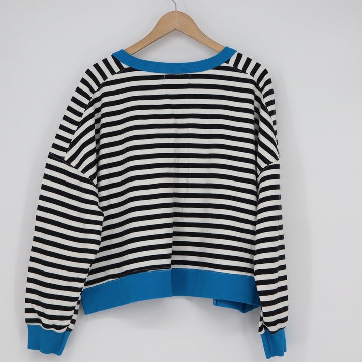 Merokeety Striped Sweatshirt XL Blue Trim Notched V-Neck Pullover Black White