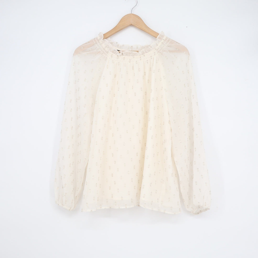 Talbots Womens Ivory Metallic Clip Dot Ruffle Neck Blouse Top Size M
