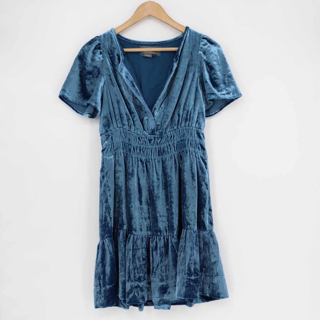 Anthropologie Teal Blue Crushed Velvet Smocked Waist Tiered Mini Dress XSP