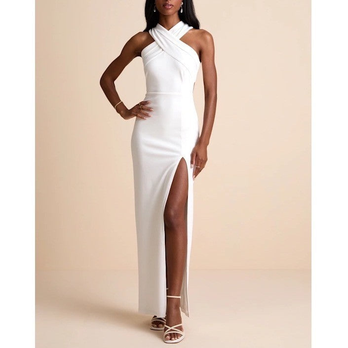 Lulus Head to Cocktail Hour Halter Neck Maxi Dress Womens 2XL White Front Slit