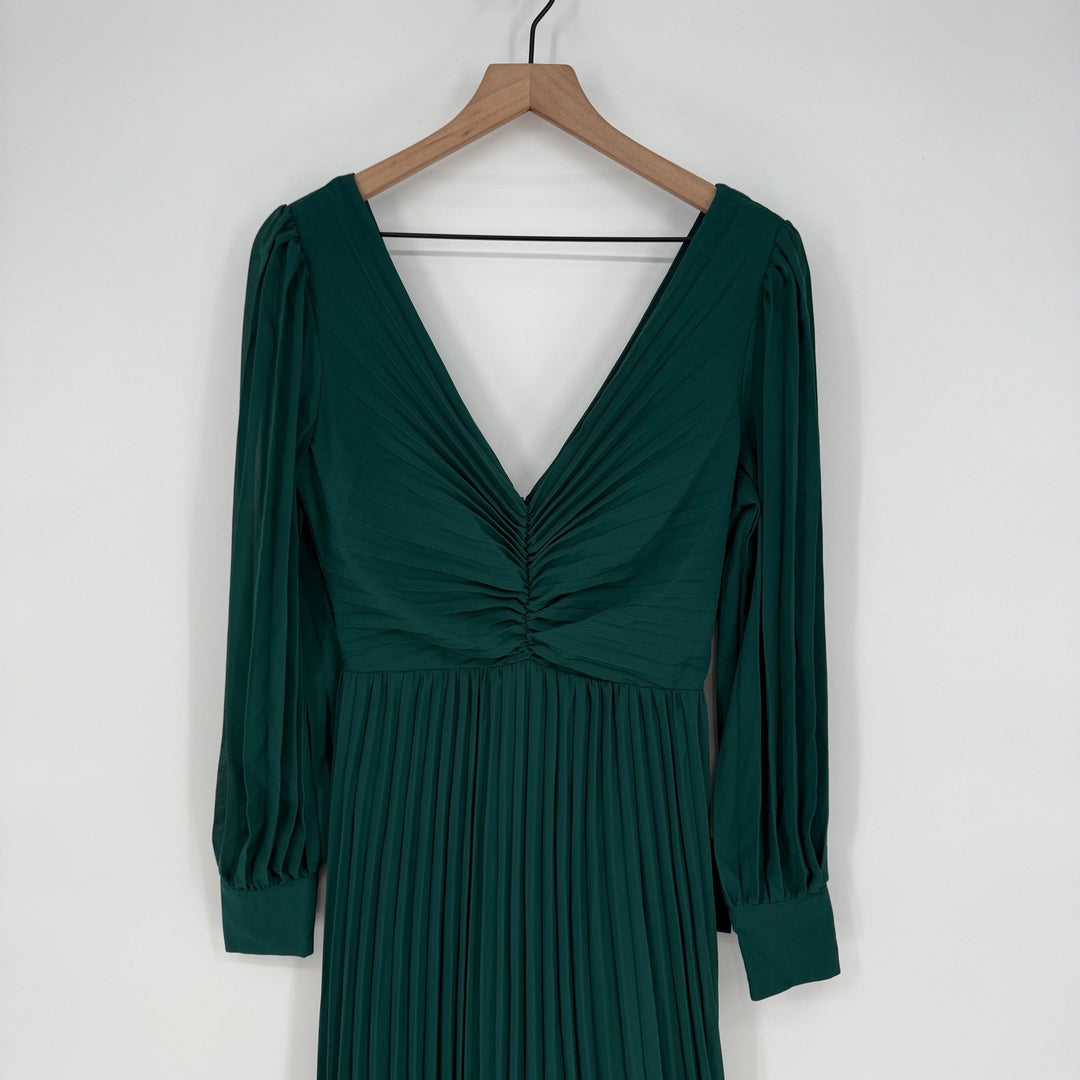 Lulus Sophisticated Grace Emerald Green Pleated Long Sleeve Maxi Dress Size S