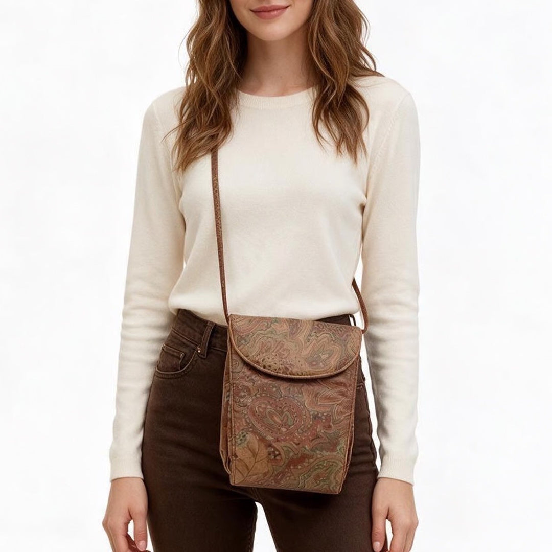 Stuart Weitzman Brown Paisley Leather Crossbody Bag Made in Spain Vintage Floral