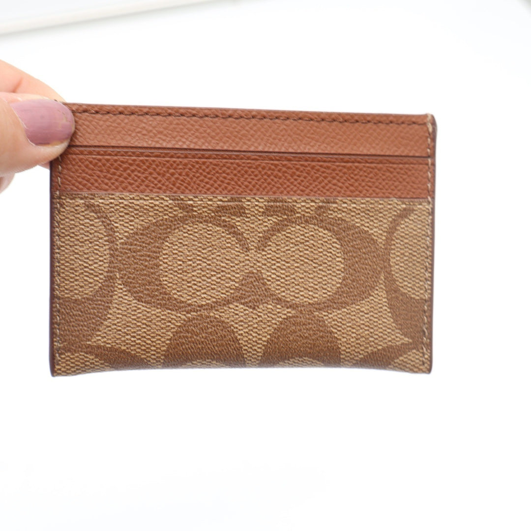 Coach Signature Canvas Card Case Wallet Tan Mahogany Brown Gold Logo