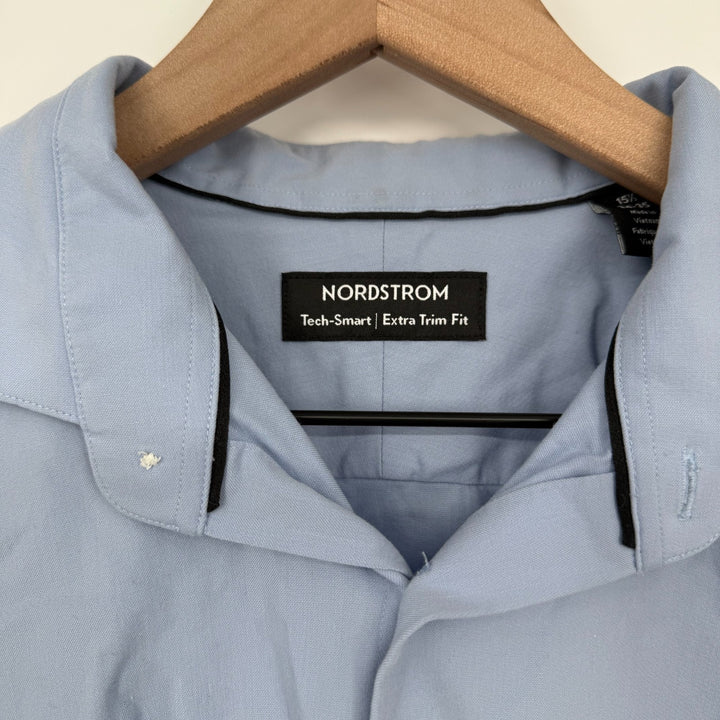 Nordstrom Tech Smart Dress Shirt Men 15.5 Blue Cotton Extra Trim Fit Barrel Cuff