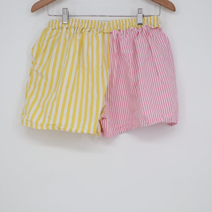 Pink Yellow Striped Colorblock Cotton Shorts Elastic Waist Size L