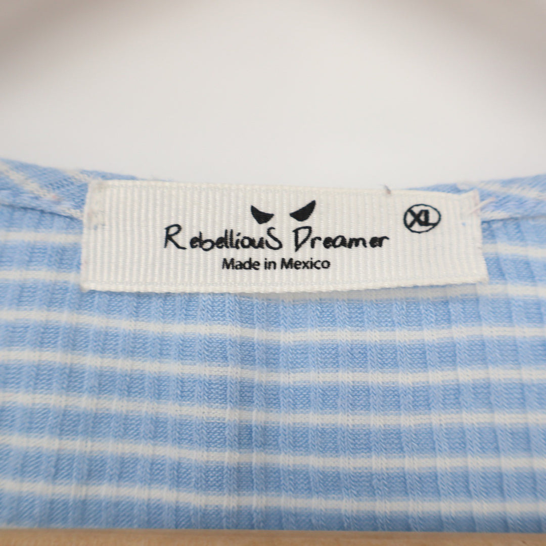 Rebellious Dreamer Blue White Striped Ruched Front Drawstring Top XL Womens