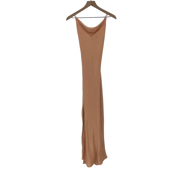 ASSENZA Satin Slip Dress Peach Cowl Neck Spaghetti Strap Tie Back Maxi