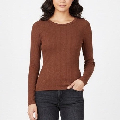 Zeagoo Brown Ribbed Long Sleeve Crew Neck Top Size M