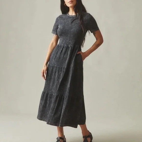 American Giant Premium Slub Tiered Dress Women XS Black Cotton Crew Neck Outdoor