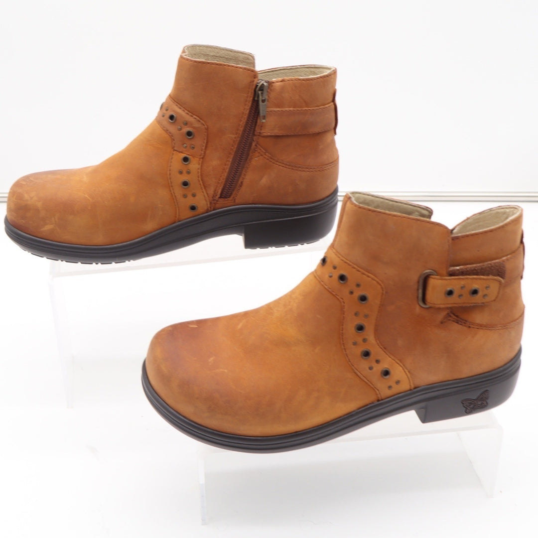 Alegria Zoe-739 Tan Leather Ankle Boots Perforated Buckle Zip Booties Womens 38