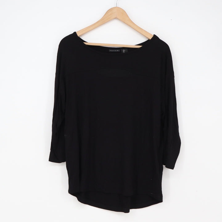 Tahari Top Womens L Black 3/4 Sleeve Boat Neck Relaxed Fit Excellent